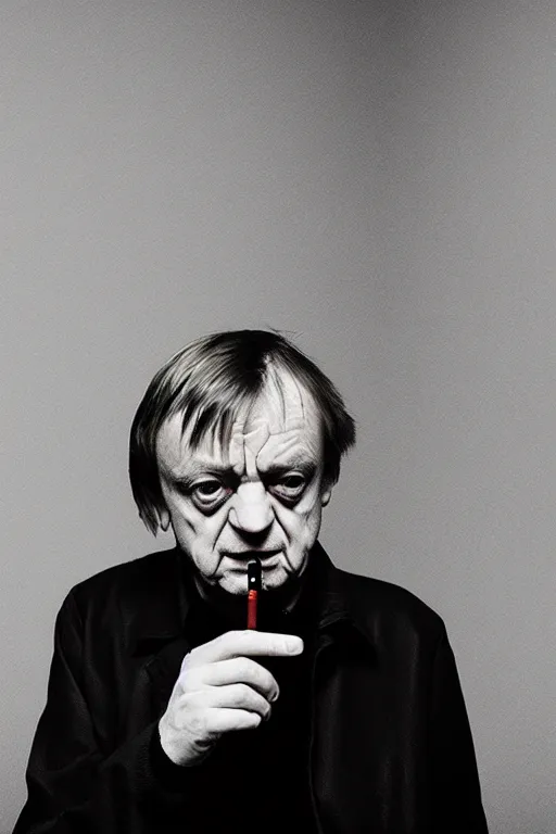 Image similar to highly detailed photo of Mark E Smith, smoking a cigarette