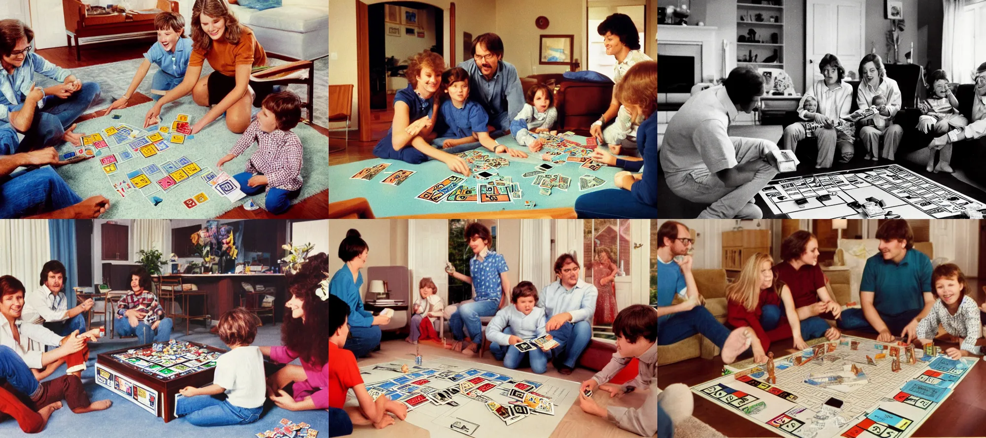 Prompt: a high quality picture of a family playing monopoly in a 1980s living room, there's a fire by the playing board