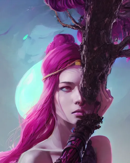 Image similar to a highly detailed digital art of A beautiful woman, with medium length magenta hair covering an eye, and a tall tree, and large obsidian crystals, cinematic lighting, dramatic atmosphere, by Dustin Nguyen, Akihiko Yoshida, Greg Tocchini, Greg Rutkowski, Cliff Chiang, 4k resolution, trending on artstation