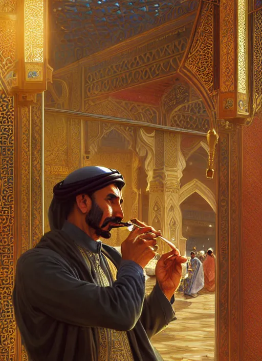 Image similar to an arabian man smoking a pipe in the market, shiny, fantasy, intricate, elegant, hyper detailed, ultra definition, photoreal, artstation, unreal engine rendered, concept art, smooth, sharp focus, illustration, art by artgerm and greg rutkowski and alphonse mucha and garis edelweiss