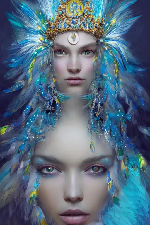 Image similar to beautiful princess with face covered with blue jewels wearing ice feathers, diamonds, angel, fantasy, yellow background beam, dramatic lighting, highly detailed, digital painting, magic the gathering, 3 d render, hyper realistic detailed portrait, peter mohrbacher, wlop, ruan jia