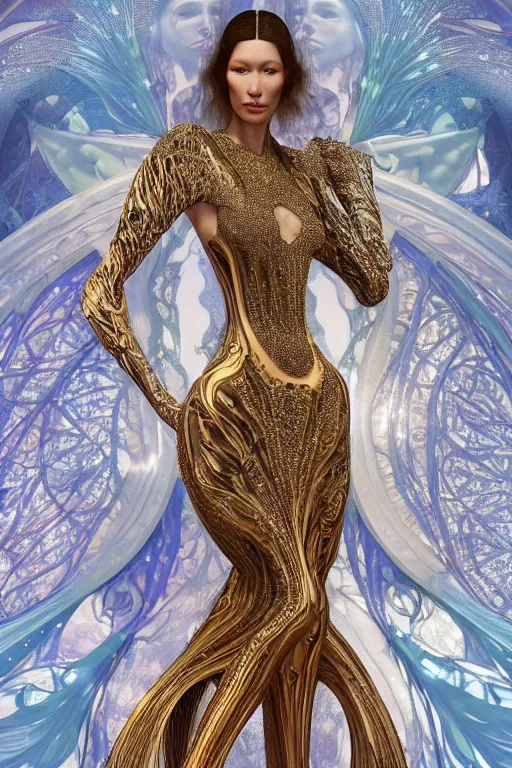 Image similar to a highly detailed portrait of a beautiful alien goddess bella hadid in iris van herpen dress in diamonds and fractals in style of alphonse mucha art nuvo gustav klimt trending on artstation made in unreal engine 4