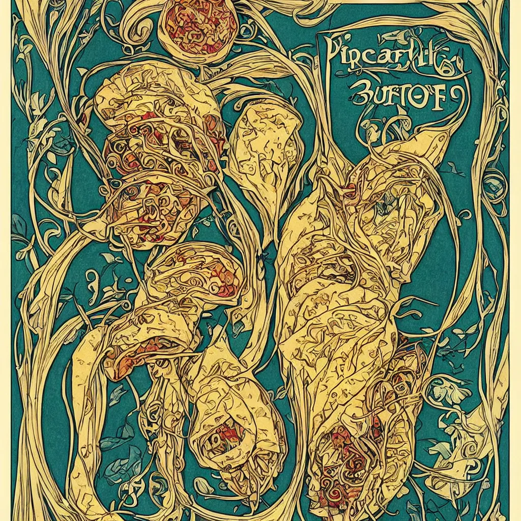 Image similar to “Beautiful art nouveau advertisement for the ultimate everything burrito. Detailed advertisement for a delicious everything burrito by Victor Horta. This burrito will change your life”