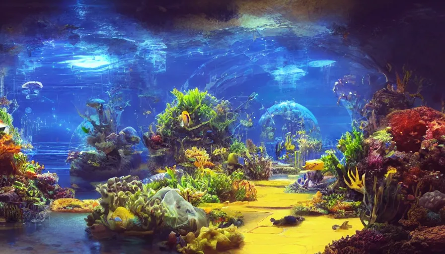 Prompt: interview of an underwater jungle built under blue domes, yellow lights, hyperdetailed, artstation, cgsociety, 8 k