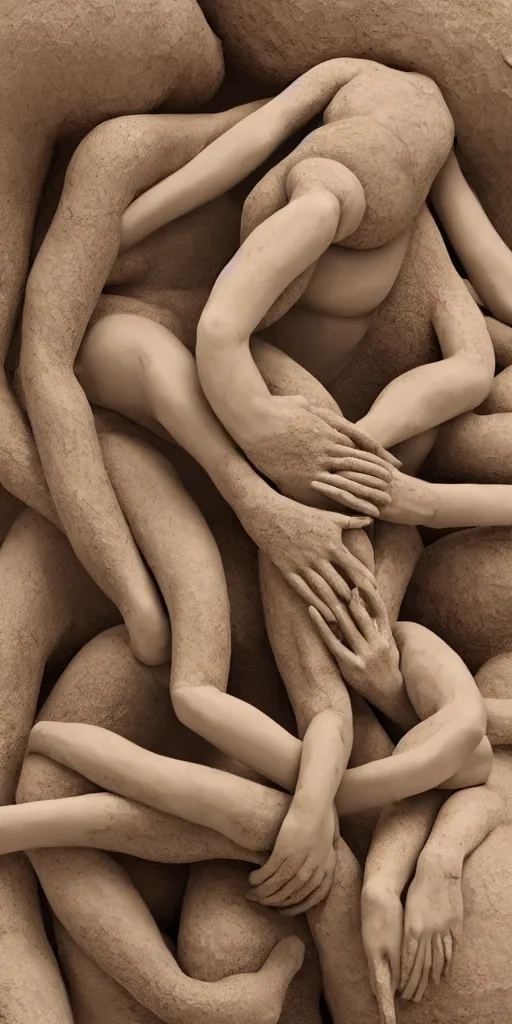 Image similar to closeup photograph of a surrealist sculpture human bodies intertwined, a lovely cornucopia of flowers and human body parts, body parts, made of clay, earth tones, muted color palette, skin tones, highly detailed, octane render, cinematic