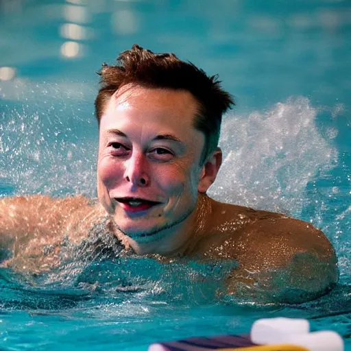 Image similar to Photography of elon musk swimming in a pool with money all around him