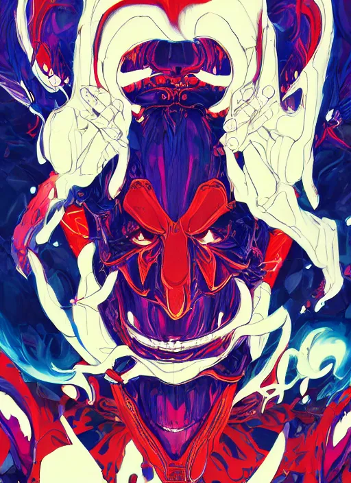Image similar to portrait of a psychedelic demon, digital painting masterpiece, advanced lighting technology, stylized yet realistic anatomy and face, gorgeous, by reiq and bengus and akiman and shigenori soejima and bastien vives and balak and michael sanlaville and jamie hewlett, 4 k wallpaper, cinematic, gorgeous brush strokes, coherent and smooth