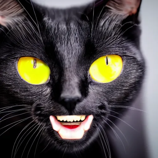 Image similar to black cat with big yellow eyes gazing at the camera with open mouth, 4 k, blurred background, uncanny