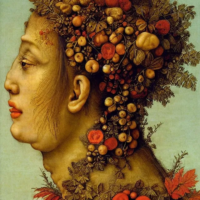 Prompt: a beautiful profile portrait of a beautiful female, leaves, by giuseppe arcimboldo.