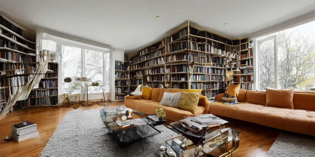 Prompt: Extremely detailed wide angle photograph, atmospheric, light bloom, sunlight shining through windows, trees outside, reflections, award winning contemporary interior design living room, city apartment, cozy and calm, fabrics and textiles, alex grey design, machine elves, dmt, brass, copper, secluded, many light sources, lamps, oiled hardwood floors, book shelf, small library, couch, desk, balcony door,