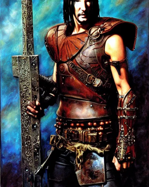 Image similar to portrait of a skinny punk keanu reeves wearing armor by simon bisley, john blance, frank frazetta, fantasy, thief warrior