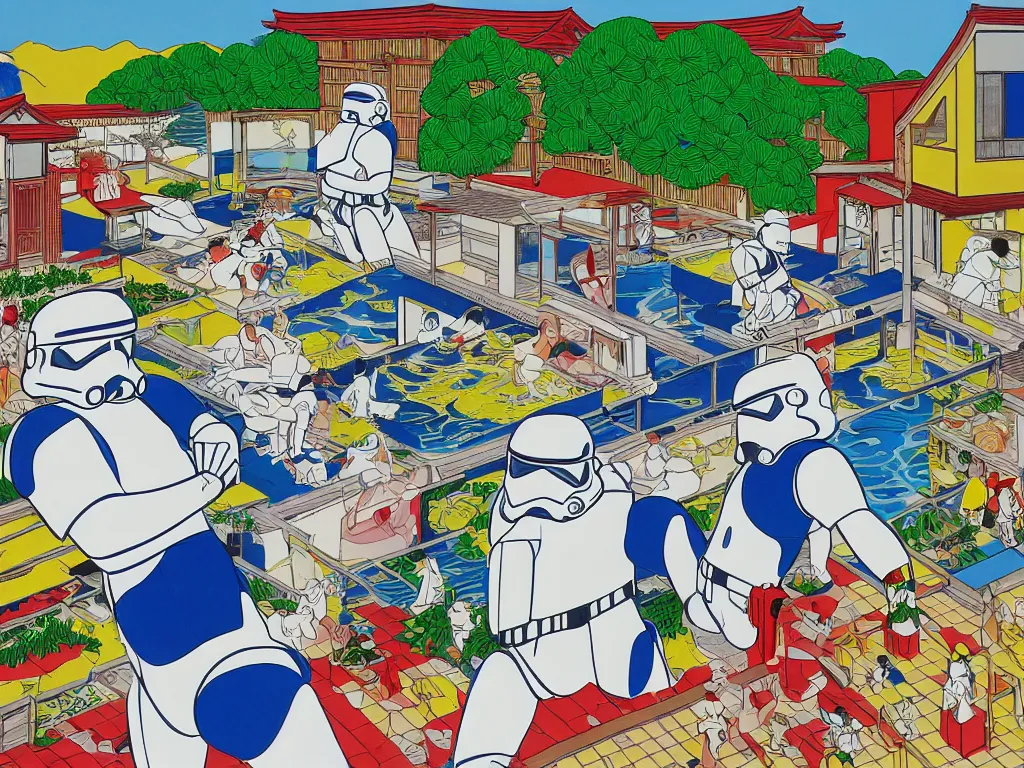 Image similar to hyperrealism composition of the japanese house with a hot springs onsen in the garden, two detailed stormtroopers in hot springs, pop - art style, jacky tsai style, andy warhol style, roy lichtenstein style, acrylic on canvas