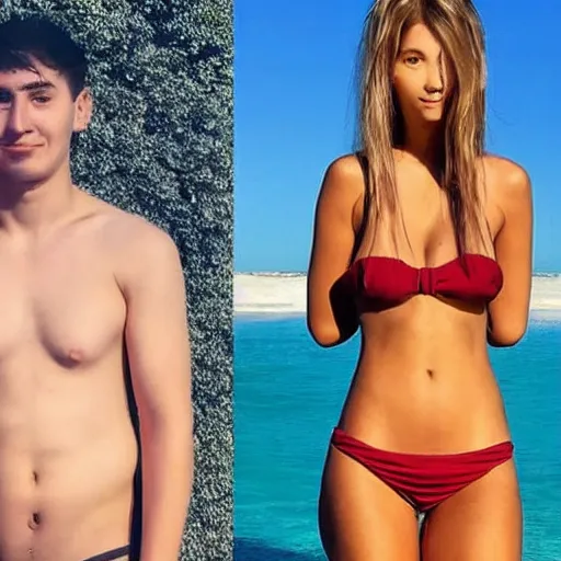 Image similar to photo of a 2 2 year old man that looks young for his age dating a very attractive and completely legal 1 8 year old woman wearing a bikini.