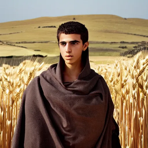 Prompt: award winning cinematic still portrait of handsome 17 year old Mediterranean skinned man in Ancient Canaanite clothing, multi-color cloak, short hair, field of wheat background, Biblical epic directed by Steven Spielberg