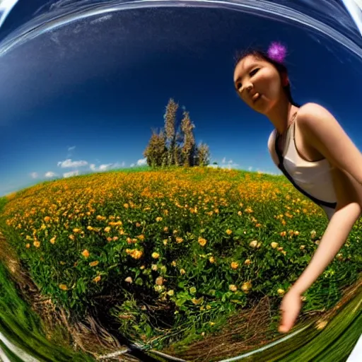 Image similar to a flower / human hybrid, fisheye photo