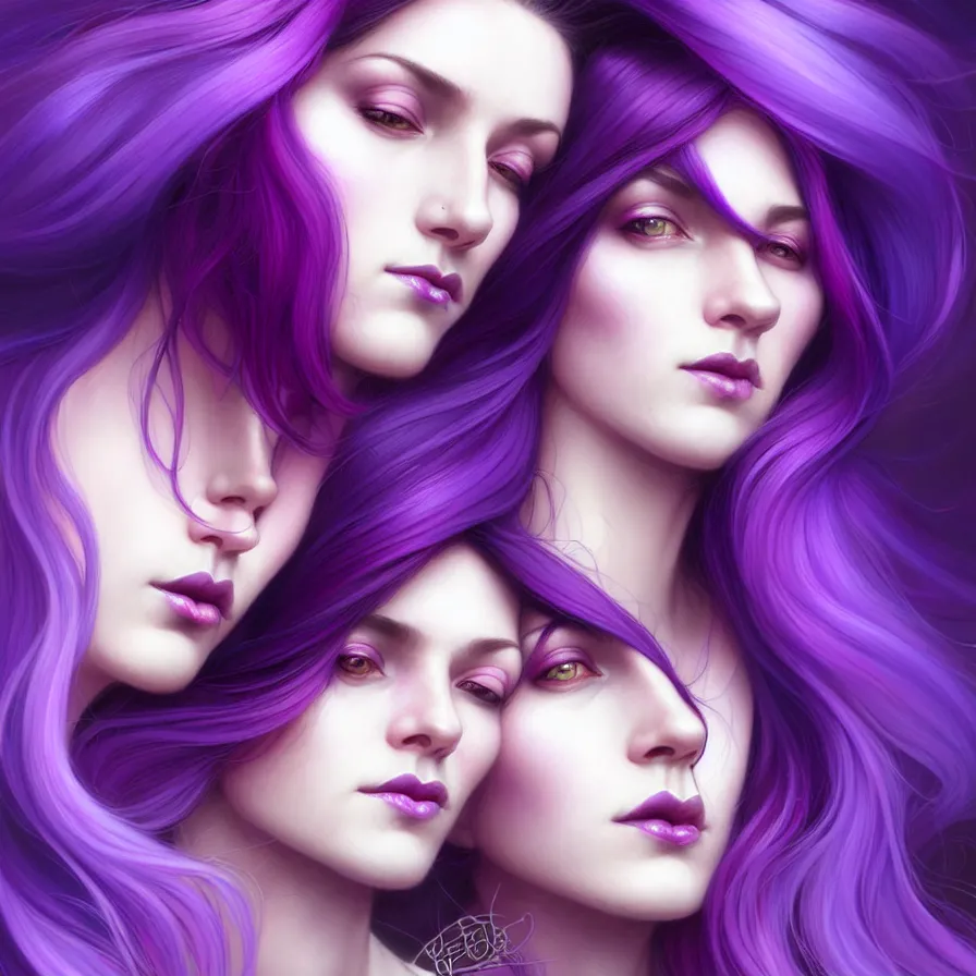 Image similar to Purple hair relistic Portrait of a two woman with bright colored flying hair, all shades of purple. Beauty face, Hair coloring, fantasy, intricate, elegant, highly detailed, digital painting, artstation, concept art, smooth, sharp focus, illustration, art by artgerm and greg rutkowski and alphonse mucha