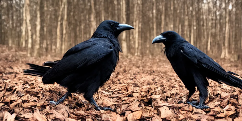 Image similar to mixture between a human and! crow, photograph captured in a forest