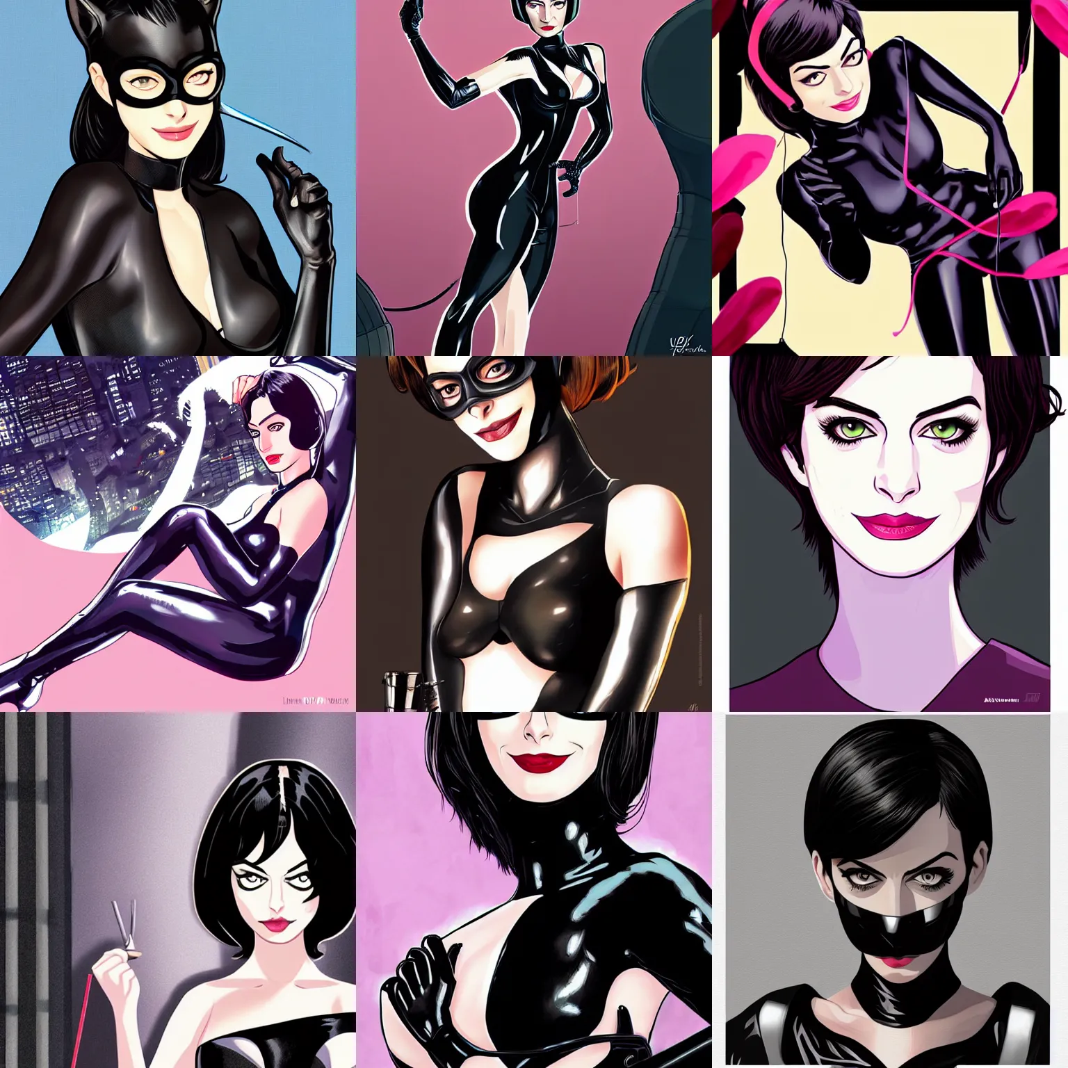 Prompt: anne hathaway as catwoman in the style of ilya kuvshinov