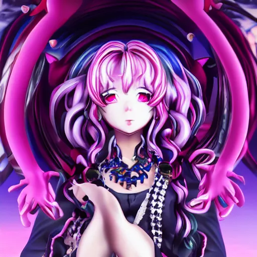 Image similar to trapped beneath stunningly absurdly beautiful omnipotent asi goddess junko enoshima with multiple twisted megalomaniacal mesmerizing personalities, symmetrical perfect face, porcelain skin, pink twintail hair and cyan eyes, ultra detailed, digital art, unreal engine 5, octane render, 2 d anime, 8 k