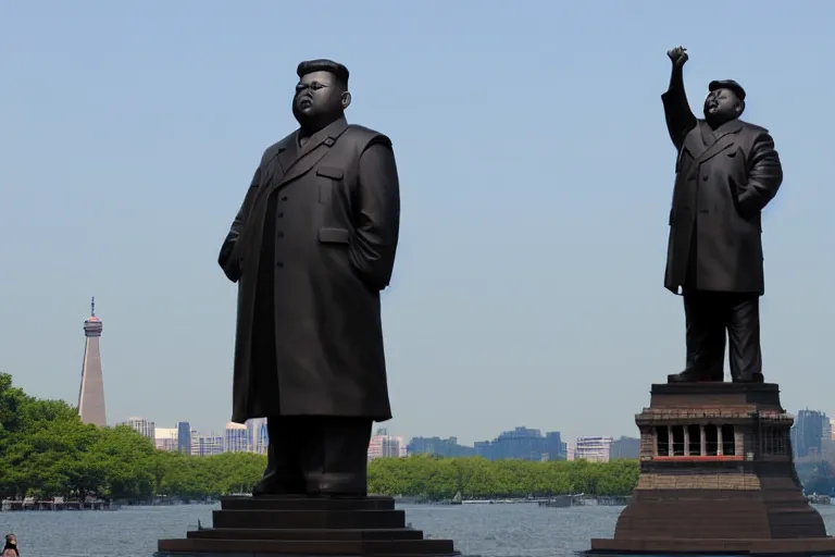 Image similar to a gigantic statue of kim jong un standing on the liberty island, symmetry, awesome exposition, very detailed, highly accurate, 8 k