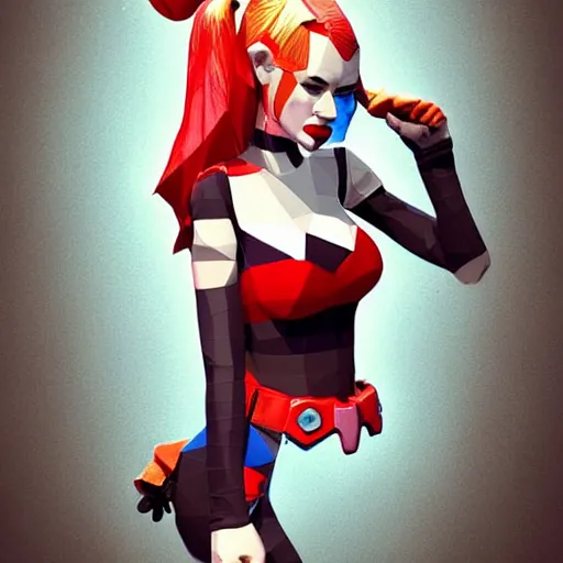 Image similar to digital art, low poly 3d render of Harley Quinn but she's a beautiful young ape with long pony tails on either side of her head, illustration, comic, by James Jean, artgerm, octane render, by John Coltrane and Marc Simonetti, Manic, graffiti, kinemacolor, colorful, high detail of the face, full body