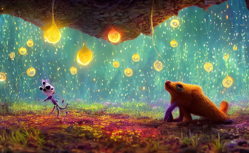 Image similar to foxfire fungi, fireflies, expressive eyes, floating, rbc, radiolaria, protophyta, micro - organisms, center frame, symmetric, rim light, marine microbiology, bioluminescence, electric, fur, soft, concept art, intricate details, highly detailed, colorful, photorealistic, disney pixar, octane render