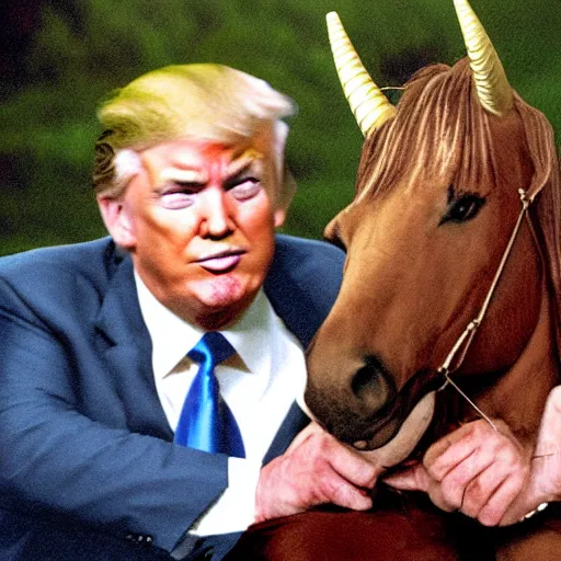 Prompt: an award - winning pulitzer price winning analog photograph of donald trump and vladimir putin, the russian president, sitting on a unicorn. wide angle