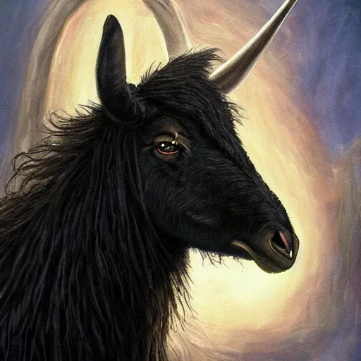 Image similar to thomas kincaid painting of black phillip from the movie the witch