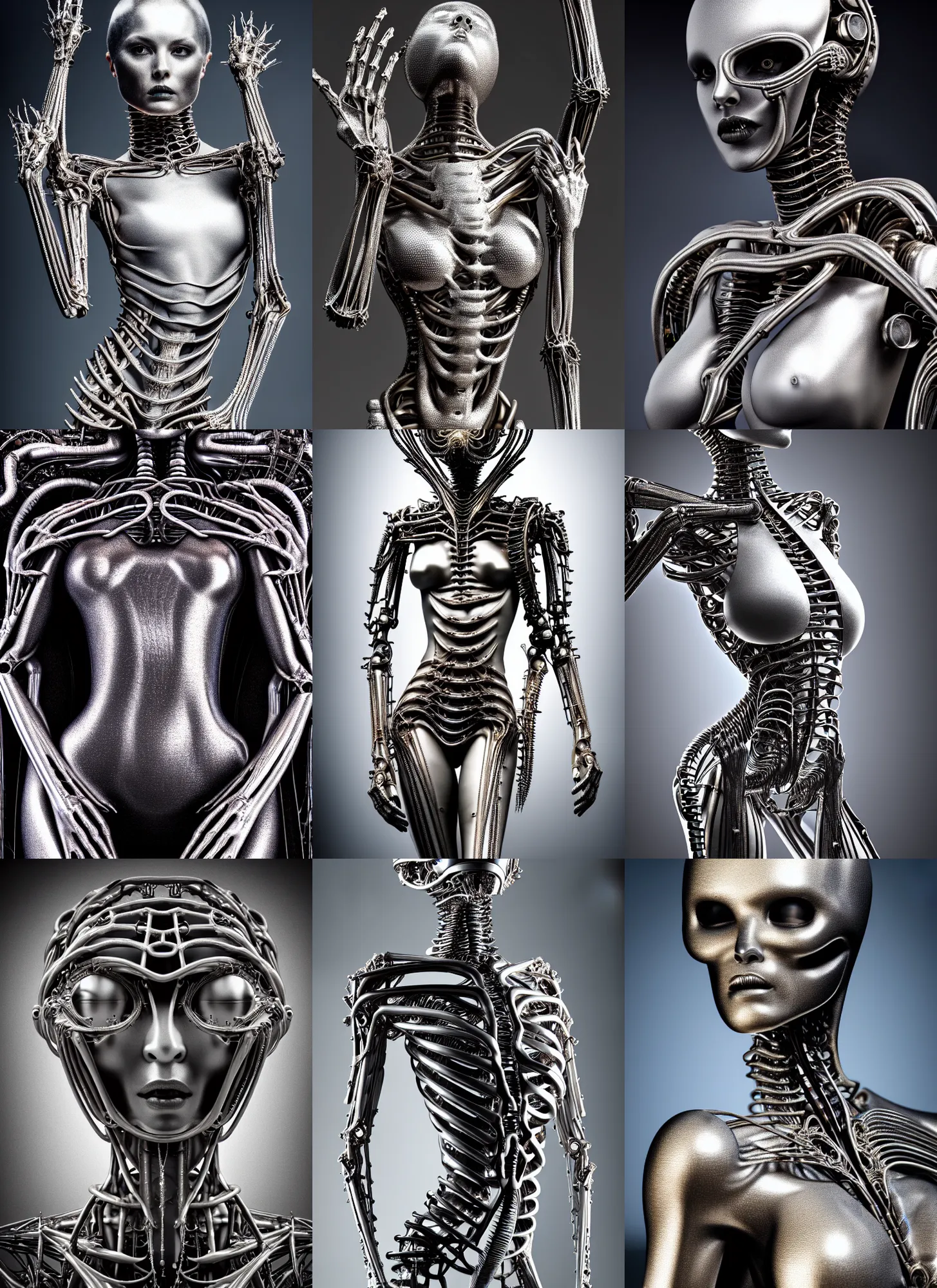 Prompt: full frame ossified metallic beautiful woman, show, stage, vogue photo, podium, h. r. giger, n, full body shot, masterpiece, organic mechanical shapes, white biomechanical details, highly detailed,