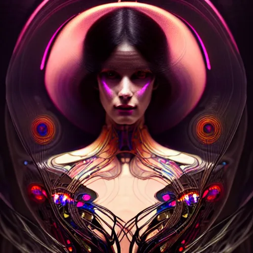 Image similar to extremely psychedelic beautiful cyborg queen of lsd infected by night. intricate, elegant, highly detailed, extremely lifelike photorealistic digital painting, artstation. steichen, gaston bussiere, tom bagshaw, cyberpunk alphonse mucha. elegant minimalism. anatomically correct. sultry. sharp focus. black. surreal lush hallucination