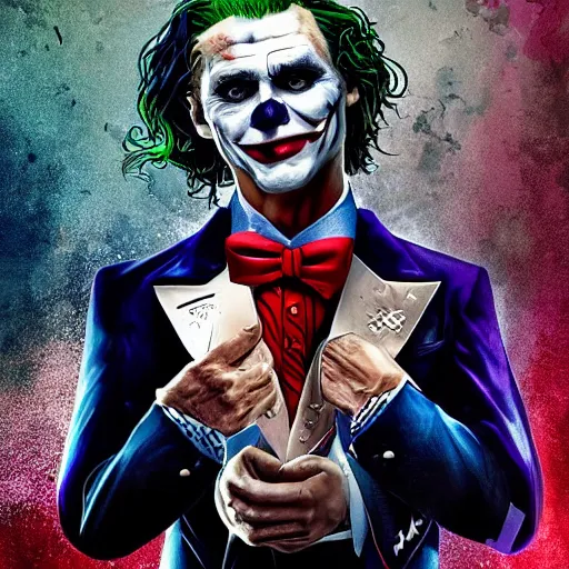 Image similar to Portrait of vVladimir Putin as the Joker DC comic, amazing splashscreen artwork, splash art, head slightly tilted, natural light, elegant, intricate, fantasy, atmospheric lighting, cinematic, matte painting