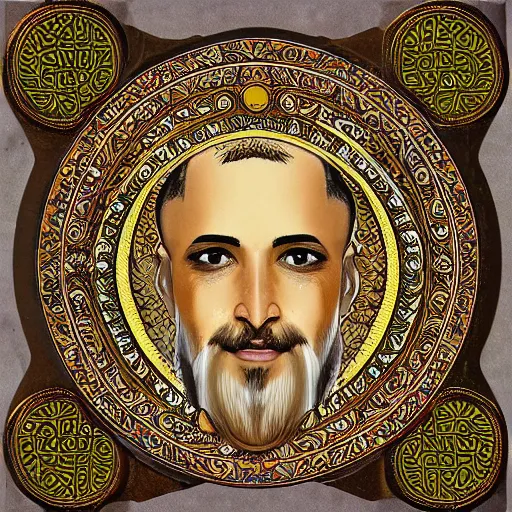 Prompt: stylized symmetrical portrait of Abbas ibn Firnas wearing his steampunk prosthetic mechanical dragon fly wings. a handsome face and a sly smile. ancient Islamic Iberia style.