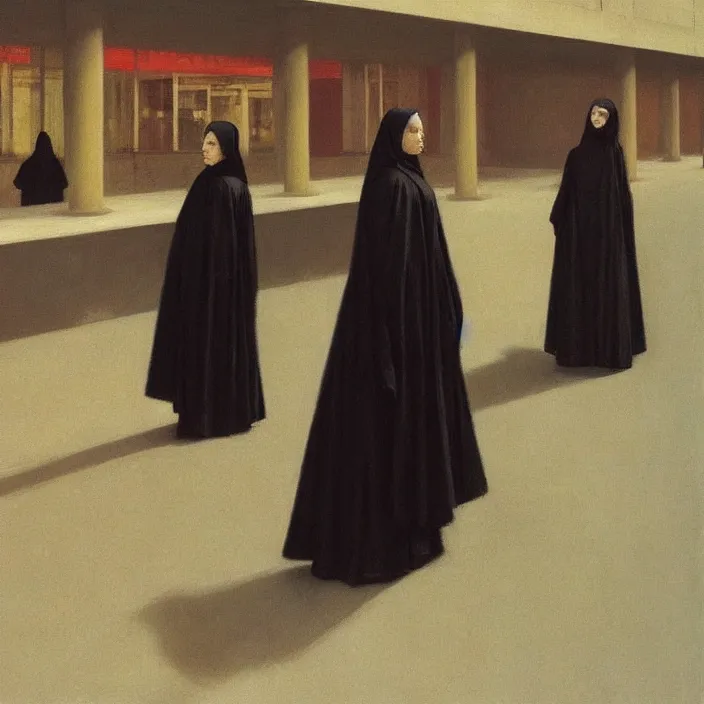 Image similar to woman in black robes, back to us, in magnificent shopping mall, artstation, art by edward hopper, zdislav beksinski, wayne barlowe, edward hopper