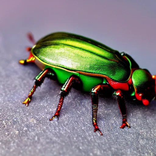 Prompt: hybrid of green beetle and red turtle, photorealistic, close - up