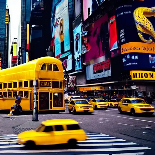 Image similar to yellow school bus being swallowed by giant snake, time square, cinematic, dramatic, film still