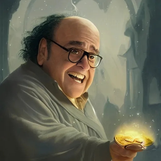 Image similar to Danny DeVito as a magical wizard. Academic painting by Greg Rutkowski, Mobile still frame. 4K UHD