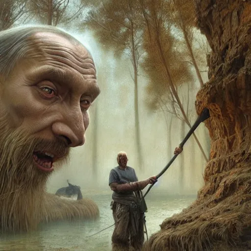 Image similar to vladimir putin, is prehistoric cave man, vladimir putin unga bunga mammoth hunting, macabre, by donato giancola and greg rutkowski and wayne barlow and zdzisław beksinski, realistic face, digital art