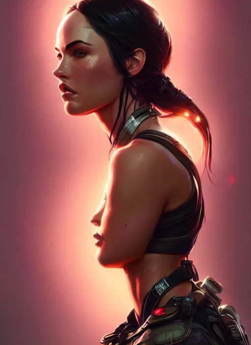 Image similar to portrait of apex legends megan fox, intricate, elegant, glowing lights, highly detailed, digital painting, artstation, glamor pose, concept art, smooth, sharp focus, illustration, art by artgerm and greg rutkowski, artey freytag