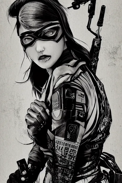 Prompt: heroine, beautiful,vintage ink style, cyberpunk female Ninja,ultra detailed, digital art, 8k ,character ,realistic, portrait, hyperrealistic