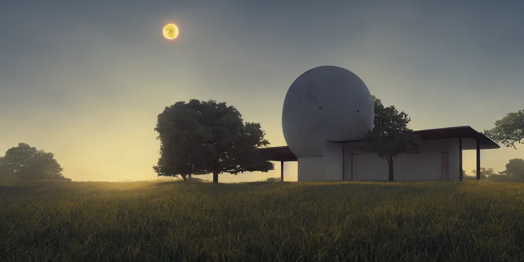 Image similar to a serene landscape with a singular building at sunrise with a giant jupiter appearing in the sky, digital art, concept art, octane render, unreal engine 5, hyperrealistic, highly detailed, high quality, 4K, low contrast, soft lighting, path tracing, complementary colors, natural lighting, geometric