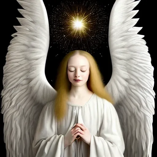 Image similar to highdetailed hyperrealistic painting of white angel!!! no gender!!!, giant ball of miracle light from the chest!!!!!, 4 k hd fur face!!!, big wings, by jan van eyck, holography space, white sparkles everywhere, thin strokes, white monochrome color!!!!!