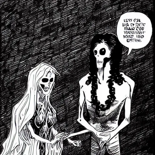 Image similar to “ sandman and his sister death in a ghotic chatedral ”