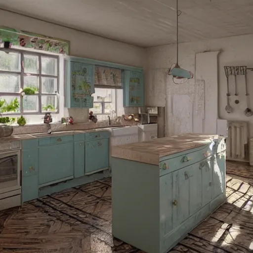 Image similar to a detalied 3 d render of a shabby chic kitchen, by valentin franke, ilya galinsky trending of artstation, photorealism