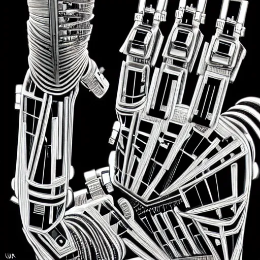 Prompt: cyberborg arm, intricate, veins, by Hugo pratt, ultradetailed