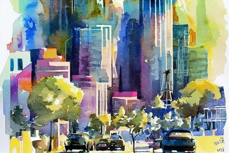 Image similar to !! watercolor!! seattle in a sunny day, artwork by tooth wu, colorful contrast,!!!! very coherent!!!!, dark shadow, thick lineart