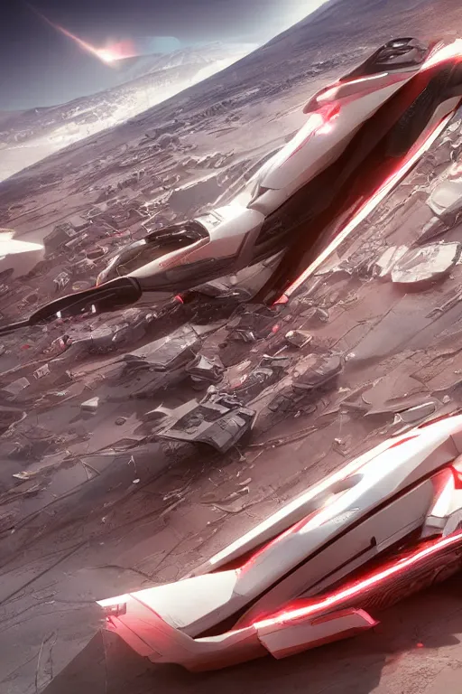 Image similar to professional photograph of a beautiful neo - futuristic simplified symmetrical space fighter docked on a desert plateau by ilm, denis villeneuve, emmanuel shiu, zaha hadid, vapor, cinematic architectural scale, red paint detail, manga, dramatic, volumetric, concept art, hard surface, hyperrealism, high detail, trending on artstation, sharp focus, rendered in octane