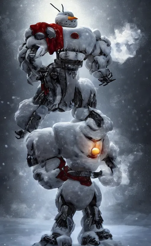 Prompt: a snowman depicted and made into a transformer, hybrid, dynamic lighting, photorealistic fantasy concept art, trending on art station, stunning visuals, creative, cinematic, ultra detailed