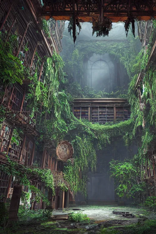 Prompt: an old library that is decaying with a rainforest inside, 8 k, octane render, unreal engine, intricate detail, volumetric lighting, photo real, mystical, hyperrealistic, 4 k, unreal engine, highly detailed, dramatic lighting, magical, beautiful