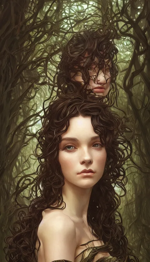 Prompt: beautiful cottagecore female model, symetrical face, black curly Hair, dark forest, intricate, elegant, highly detailed, digital painting, artstation, concept art, smooth, sharp, focus, illustration, art by artgerm and greg rutkowski and alphonse mucha