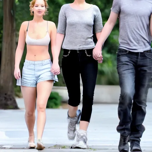 Image similar to Jennifer Lawrence and Jennifer Lawrence walking down the street, holding hands, smiling, soft focus, medium shot,